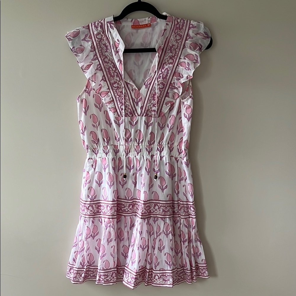 Oliphant Floral Pink Ruffle Dress, Size M